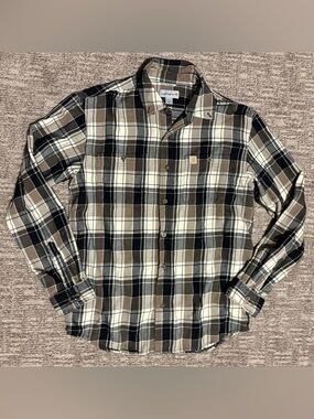 Carhartt men’s Medium black and tan flannel plaid button down shirt Relaxed Fit